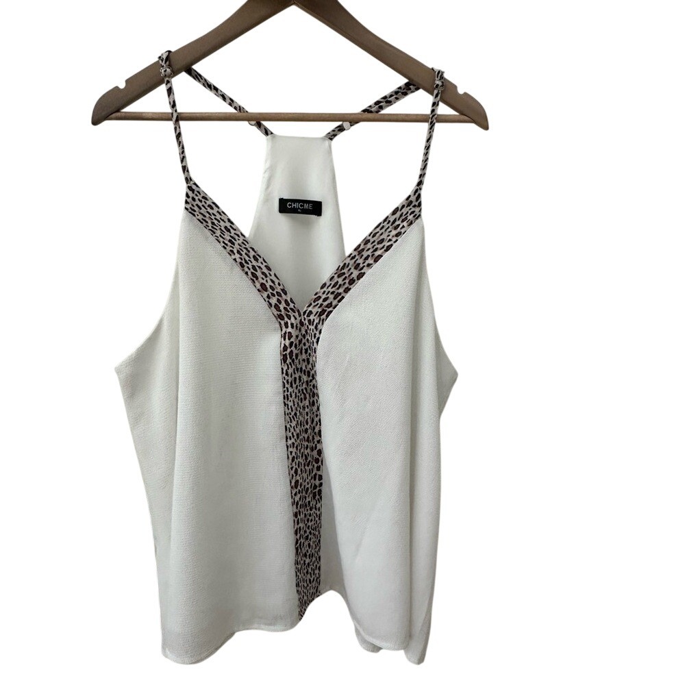 Chicme White Cami Shell Tank with Leopard Cheetah Accents V Neck  XL Fall layer